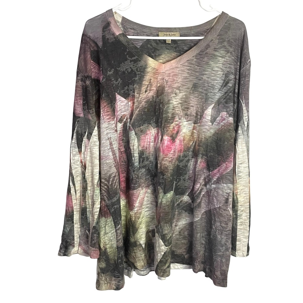 Jess & Jane Womens Abstract Top Size 2X Grey Long Sleeve Art to Wear V-Neck